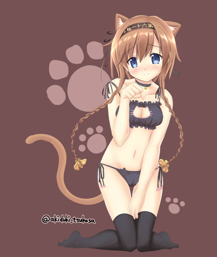 1girl, akitsuki_tsukasa, animal_ears, bell, bell_choker, black_bra, black_legwear, black_panties