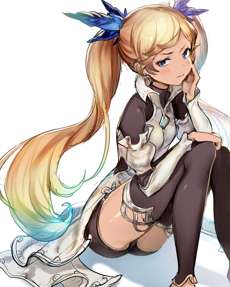1girl, 3:, bangs, black_legwear, blonde_hair, blue_eyes, blue_hair, blush