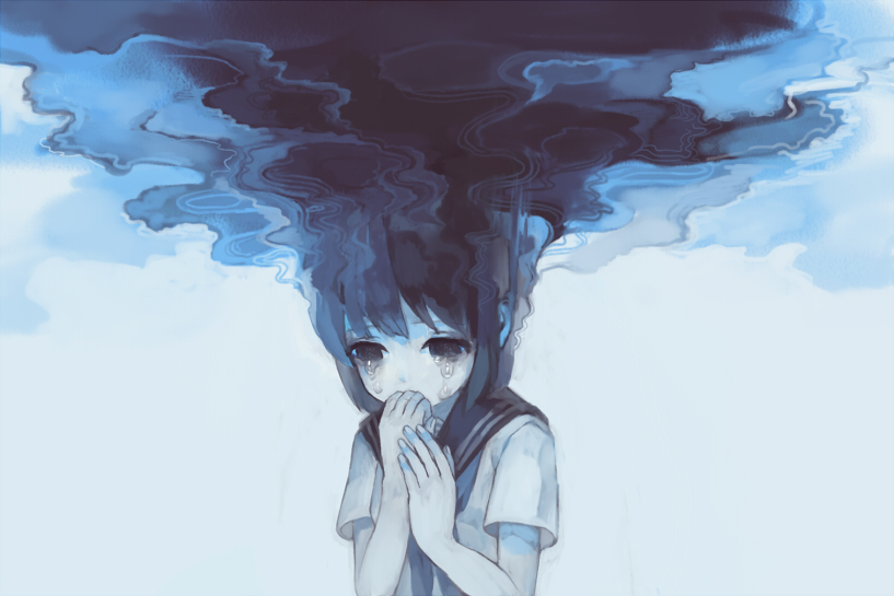 1girl, black_eyes, blue, crying, crying_with_eyes_open, hand_to_own_mouth, original, sasasasa