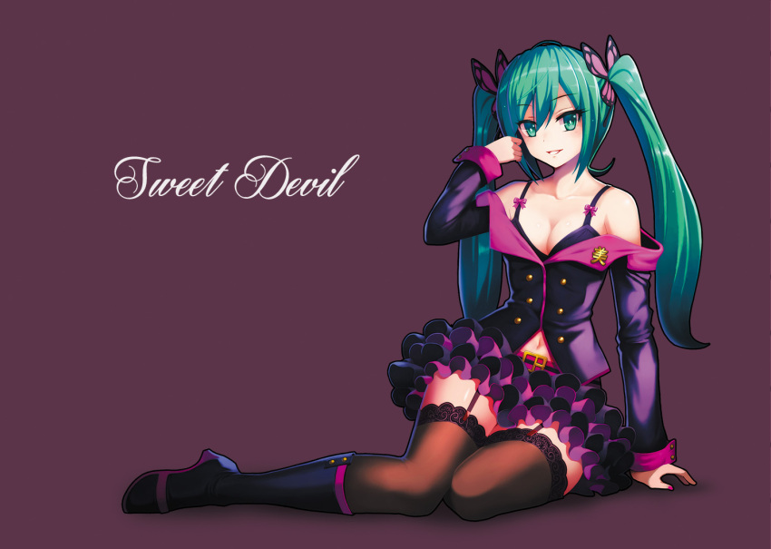 1girl, :d, aqua_eyes, aqua_hair, bare_shoulders, belt, black_bra, black_legwear