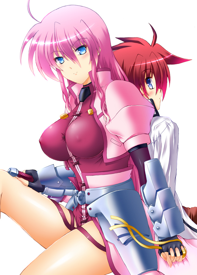 blush, breasts, erect_nipples, erio_mondial, fingerless_gloves, futaba_shion, futaba_utane, gloves, levantine, long_hair, mahou_shoujo_lyrical_nanoha, mahou_shoujo_lyrical_nanoha_strikers, pink_hair, red_hair, redhead, signum, sword, weapon