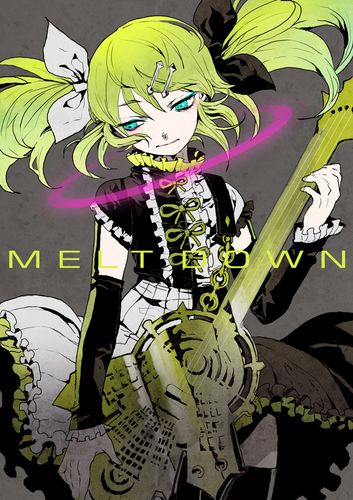 aqua_eyes, blonde_hair, dress, elbow_gloves, eyeshadow, gloves, gothic_lolita, guitar