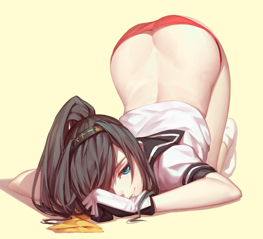 1girl, akizuki_(kantai_collection), ass, black_hair, blue_eyes, commentary_request, gloves, hairband