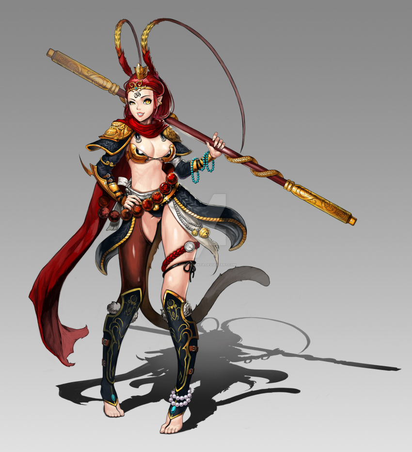 1girl, ah-lyong_lee, armor, asymmetrical_clothes, bead_bracelet, beads, bikini_armor, breasts