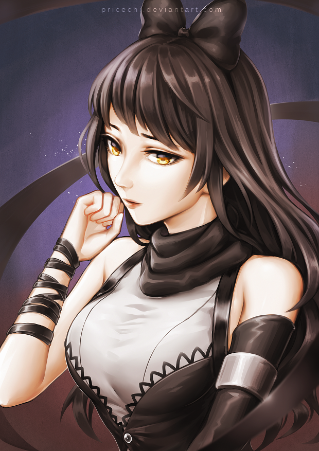 1girl, artist_name, bare_shoulders, black_hair, blake_belladonna, bow, breasts, clenched_hand