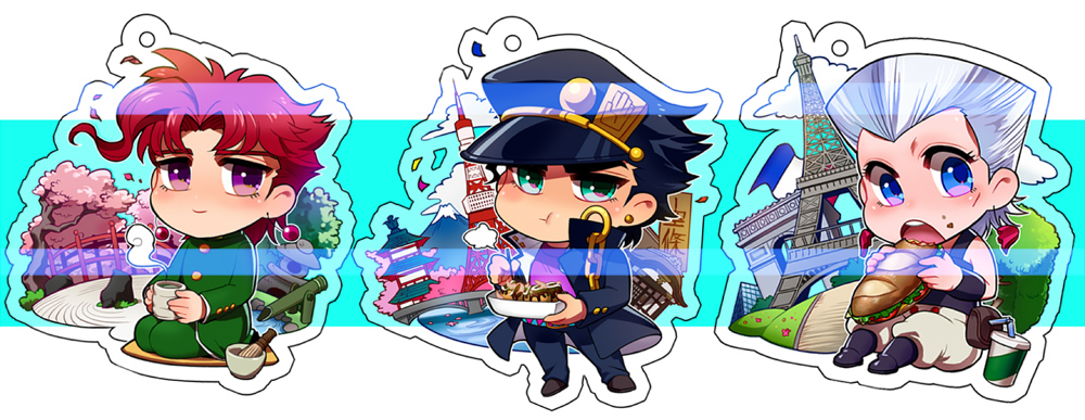 anz, arc_de_triomphe, black_hair, blue_eyes, bowl, bridge, chain, chibi, clouds, cup, desert, drinking_straw, earrings, eating, eiffel_tower, flag, food, food_on_face, french_flag, gakuran, grass, green_eyes, hat, jean_pierre_polnareff, jewelry, jojo_no_kimyou_na_bouken, kakyouin_noriaki, kuujou_joutarou, mountain, open_mouth, pagoda, petals, pouch, redhead, rock, sandwich, school_uniform, seiza, silver_hair, sitting, smile, submarine_sandwich, tokyo_tower, tree, violet_eyes, water, wristband