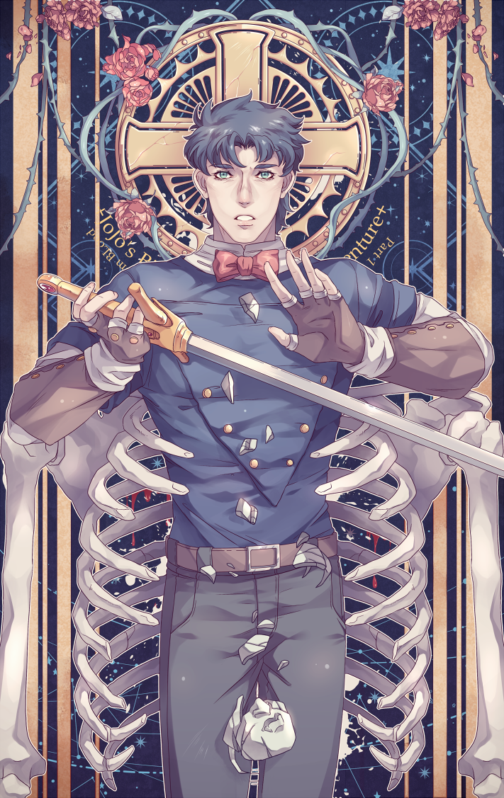 1boy, blue_hair, bow, bowtie, broken, fingerless_gloves, flower, gloves