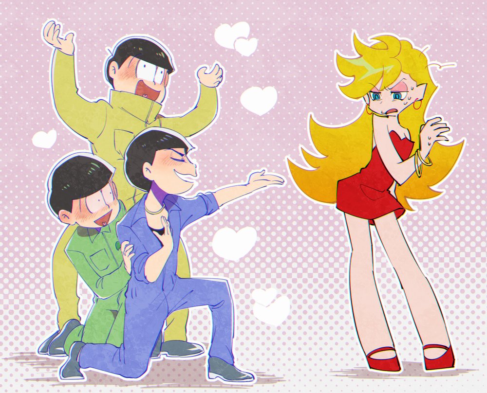 1girl, 3boys, bangle, black_hair, blonde_hair, blue_eyes, blush, bracelet