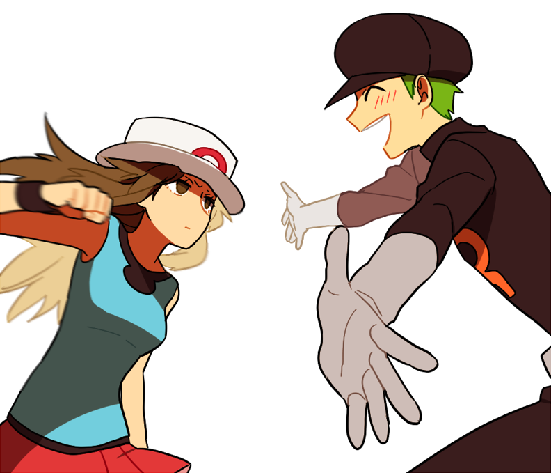 1boy, 1girl, :d, ^_^, annoyed, blue_(pokemon), blue_shirt, blush