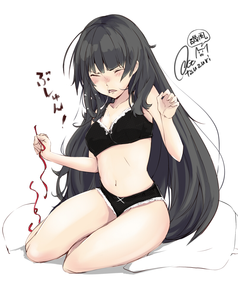 1girl, artist_name, black_bra, black_hair, black_panties, blush, bra, closed_eyes