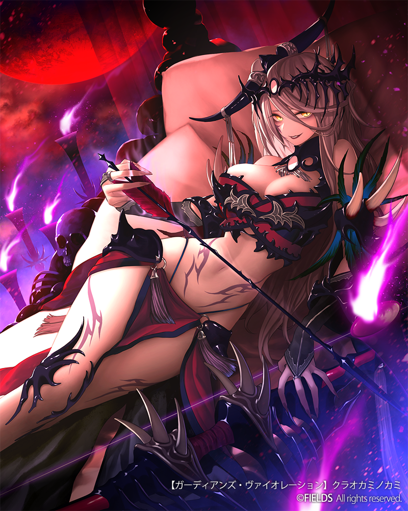 1girl, arrow, black_panties, blonde_hair, bone, bone_hair_ornament, bow_(weapon), breasts, bridal_gauntlets, cleavage_cutout, crop_top, hair_ornament, half-closed_eyes, highleg, highleg_panties, large_breasts, long_hair, looking_at_viewer, midriff, navel, official_art, original, panties, side_slit, skirt, skull, smile, solo, suzki00, tattoo, torch, tribal_tattoo, underwear, very_long_hair, weapon, yellow_eyes