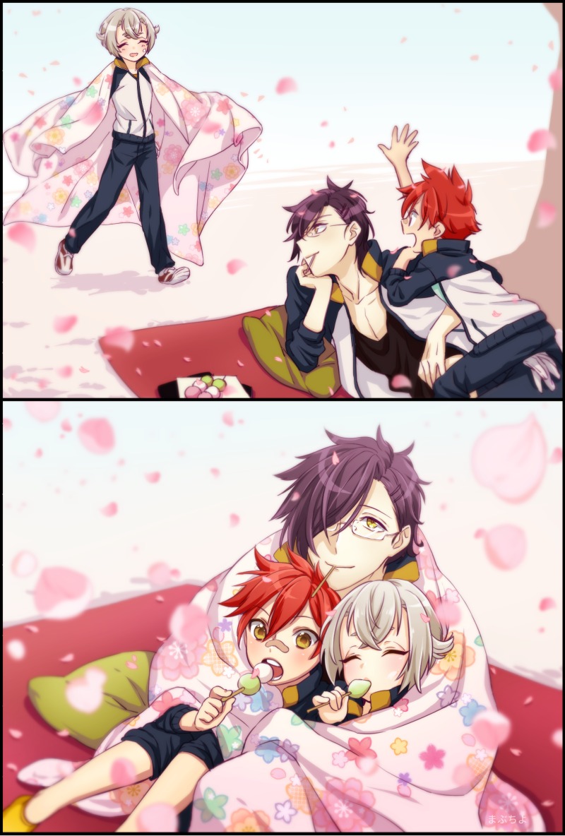 3boys, aizen_kunitoshi, akashi_kuniyuki, bandaid, bandaid_on_nose, blanket, blurry, dango