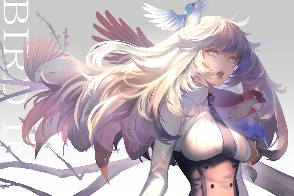 1girl, beak, bird, blonde_hair, corset, long_hair, looking_at_viewer, lor968