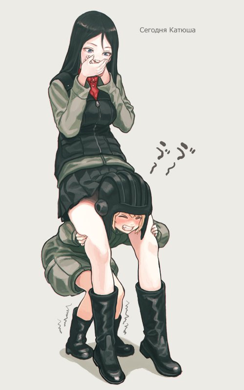 2girls, black_boots, black_skirt, blonde_hair, blue_eyes, blush, boots, bulletproof_vest