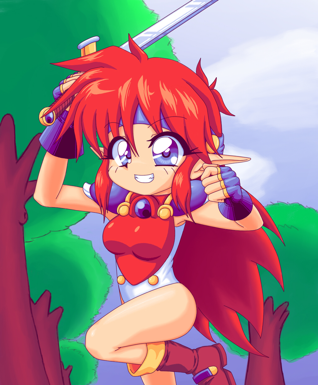 1girl, armor, boots, elf, fingerless_gloves, gloves, headband, highres, mail_(popful_mail), pointy_ears, popful_mail, redhead, ruko_michiharu, shoulder_pads, solo, sword, tree, weapon