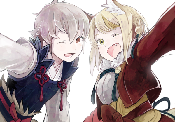 1boy, 1girl, animal_ears, blonde_hair, fire_emblem, fire_emblem_if, fox_ears, grey_hair