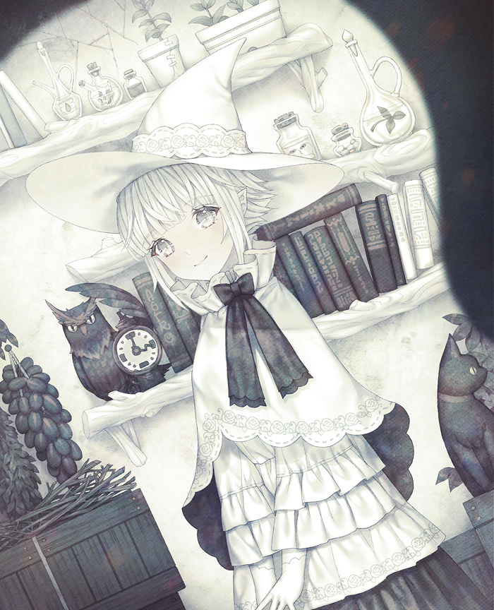 1girl, analog_clock, animal, animal_skull, bangs, bird, black_cat, black_skirt