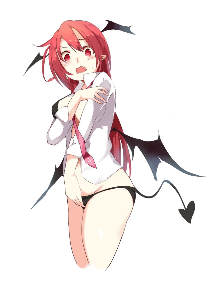 1girl, bat_wings, blush, bra, demon_tail, from_below, head_wings, highres