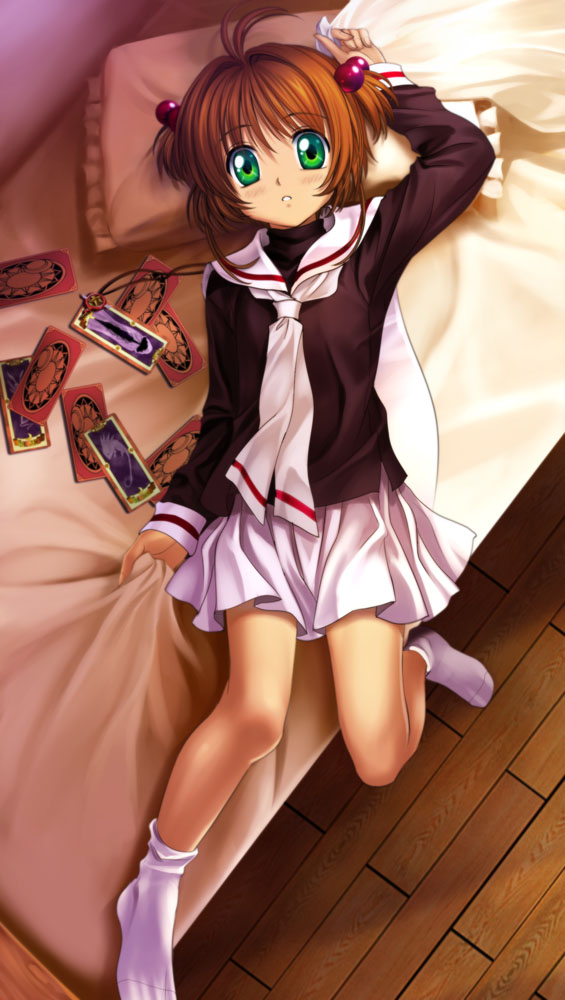 bed, bed_sheet, brown_hair, card, card_captor_sakura, cardcaptor_sakura, change_(clow_card), child