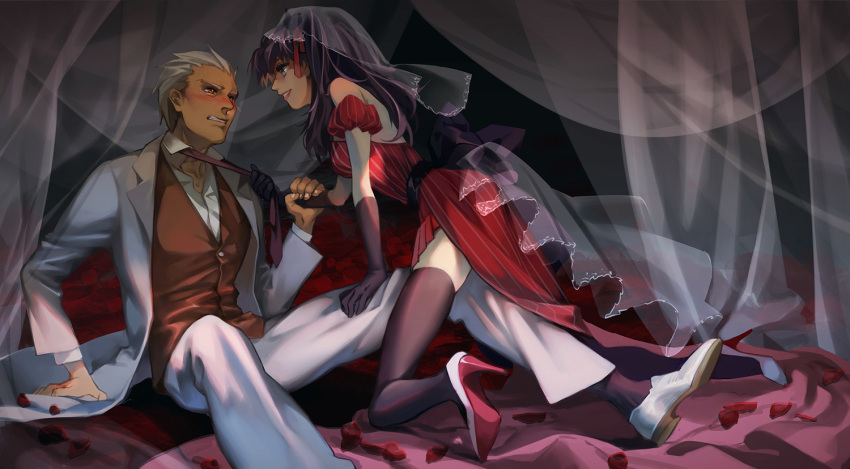1boy, 1girl, alternate_costume, archer, arm_support, bare_shoulders, black_bow, black_gloves, black_hair, black_legwear, blue_eyes, blush, bow, brown_necktie, brown_vest, carrot_(supercarrot), clenched_teeth, collared_shirt, curtains, detached_sleeves, dress, dress_shirt, eye_contact, fate/stay_night, fate_(series), formal, frills, gloves, hair_ribbon, hand_on_another's_thigh, hetero, high_heels, jacket, kneeling, lipstick, long_hair, long_sleeves, looking_at_another, makeup, necktie, necktie_grab, on_bed, orange_eyes, petals, puffy_sleeves, pulled_by_another, pulling, red_dress, red_flower, red_lipstick, red_ribbon, ribbon, sash, see-through, shirt, shoes, sitting, smile, suit, teeth, thigh-highs, toosaka_rin, undone_necktie, untied, veil, vertical-striped_dress, vertical_stripes, vest, white_hair, white_jacket, white_legwear, white_shirt, white_shoes, wrist_grab