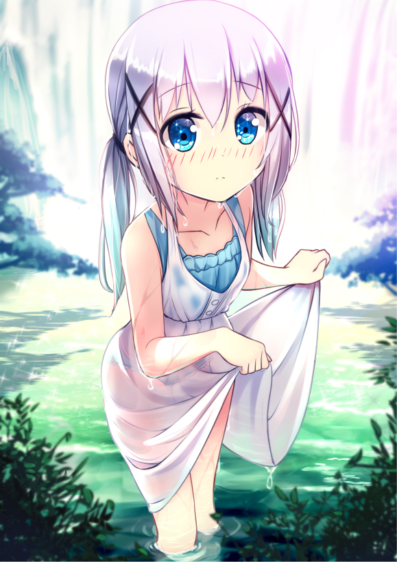 1girl, backlighting, bangs, bare_shoulders, blue_bra, blue_eyes, blue_panties, blush