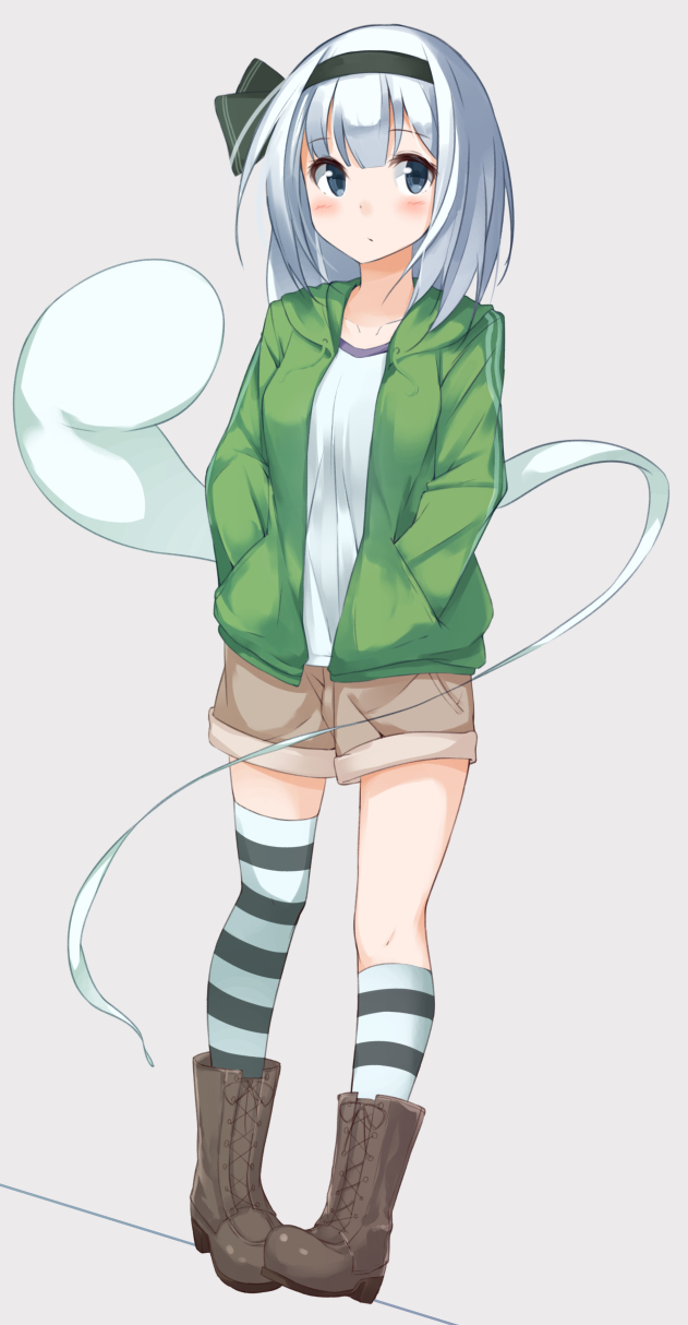 1girl, bangs, black_ribbon, blue_eyes, blunt_bangs, blush, boots, brown_boots, cross-laced_footwear, full_body, hair_ribbon, hands_in_pockets, highres, hitodama, kneehighs, konpaku_youmu, konpaku_youmu_(ghost), looking_at_viewer, mismatched_legwear, okomeito, ribbon, short_hair, shorts, simple_background, single_thighhigh, solo, standing, striped, striped_legwear, thigh-highs, touhou, white_hair