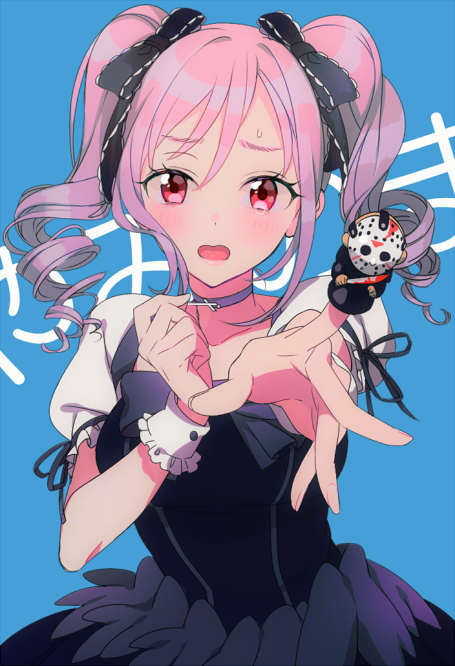 1girl, drill_hair, finger_puppet, friday_the_13th, gothic_lolita, hockey_mask, idolmaster, idolmaster_cinderella_girls