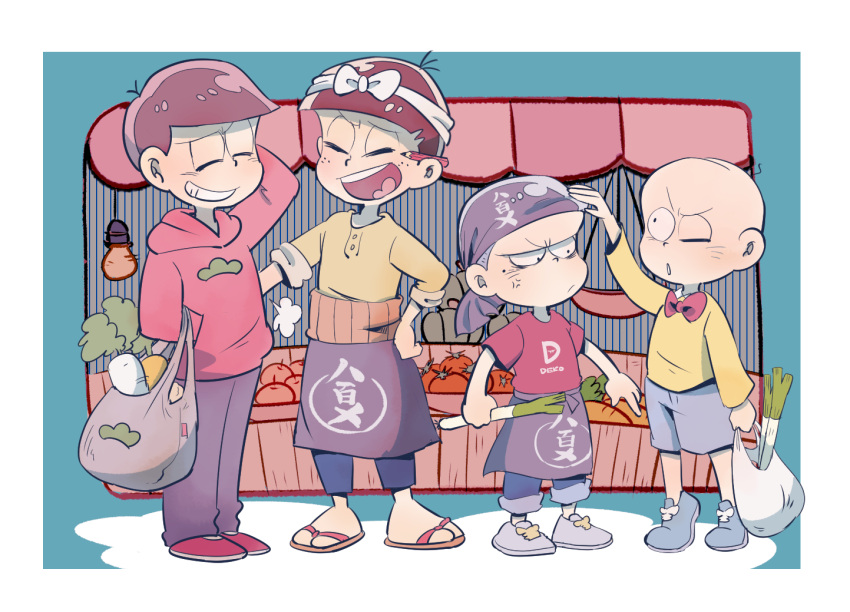 4boys, amazou, anger_vein, apron, arm_behind_head, atarou_(mouretsu_atarou), bag, bald