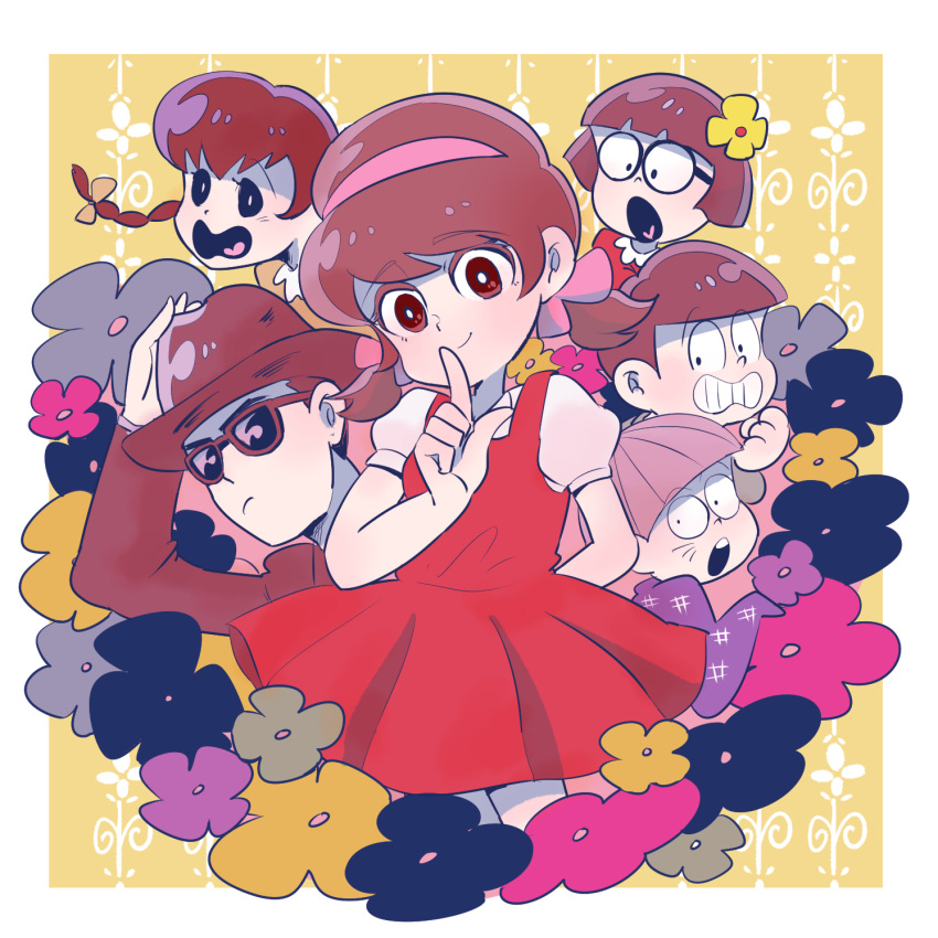 3boys, 3girls, amazou, arm_behind_back, bowl_cut, braid, brown_eyes, character_request