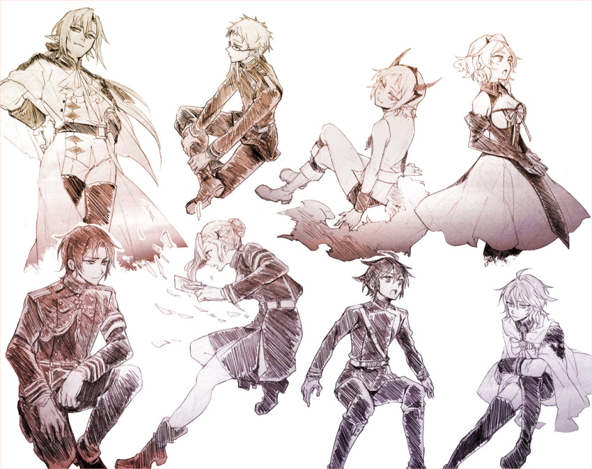 2girls, 6+boys, ahoge, androgynous, blush, boots, card, chess_belle