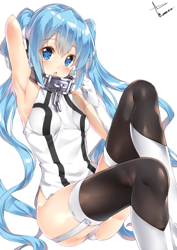 1girl, arm_up, armpits, black_legwear, blue_eyes, blue_hair, collar, dated