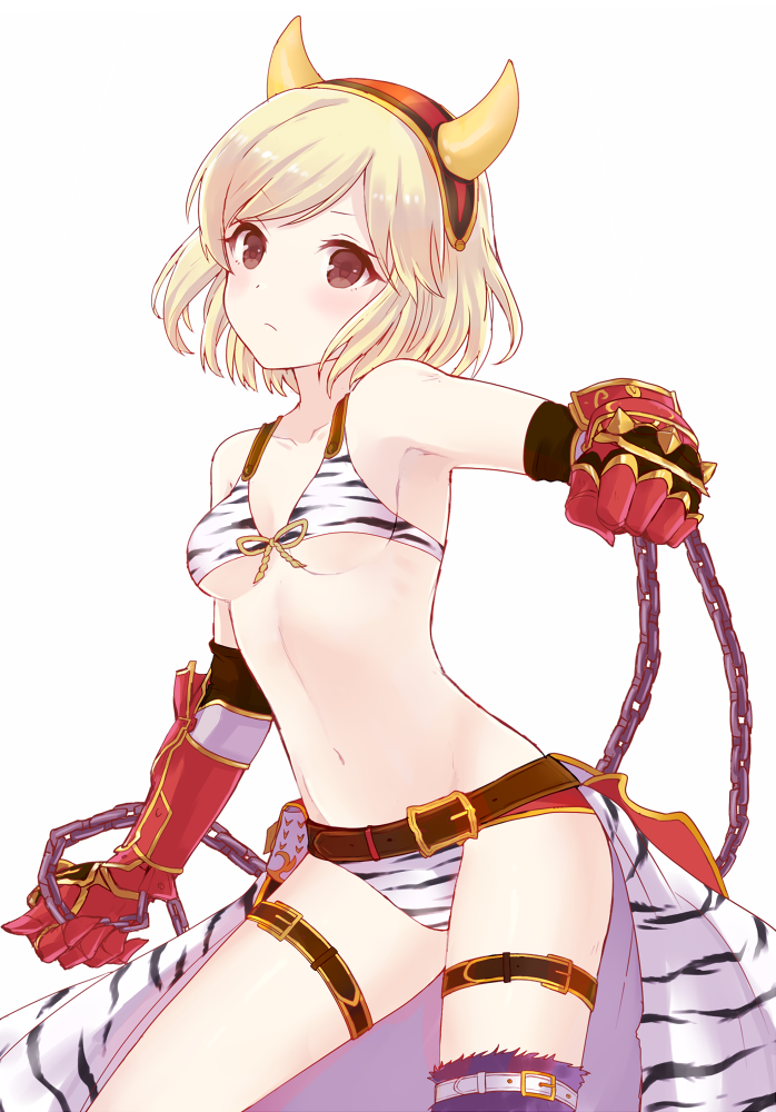 1girl, bangs, belt, bikini, blonde_hair, blush, breasts, brown_eyes
