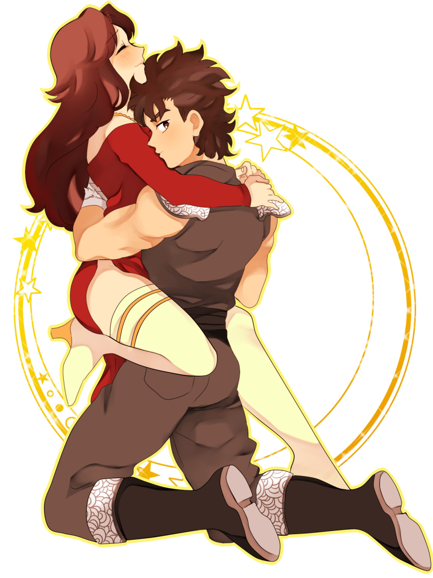 13domon, 1boy, 1girl, black_hair, black_jacket, blush, boots, brown_hair