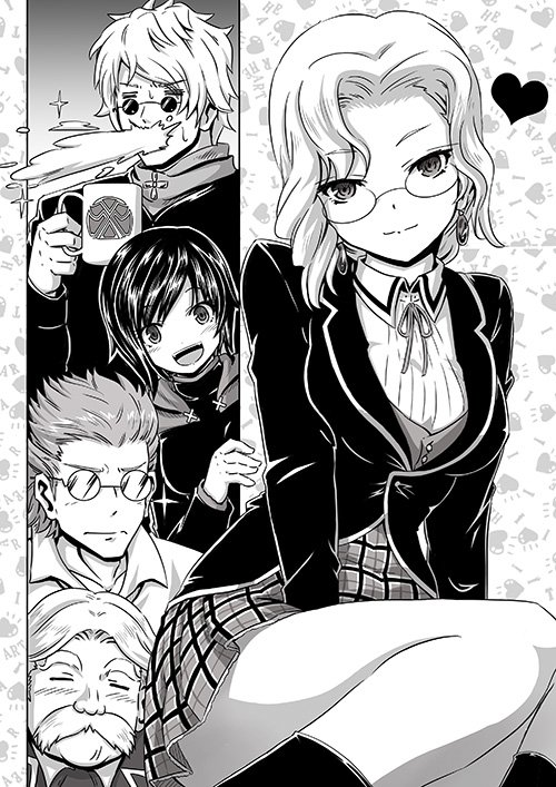 2girls, 3boys, bartholomew_oobleck, cup, glasses, glynda_goodwitch, moai_(moai_world), monochrome