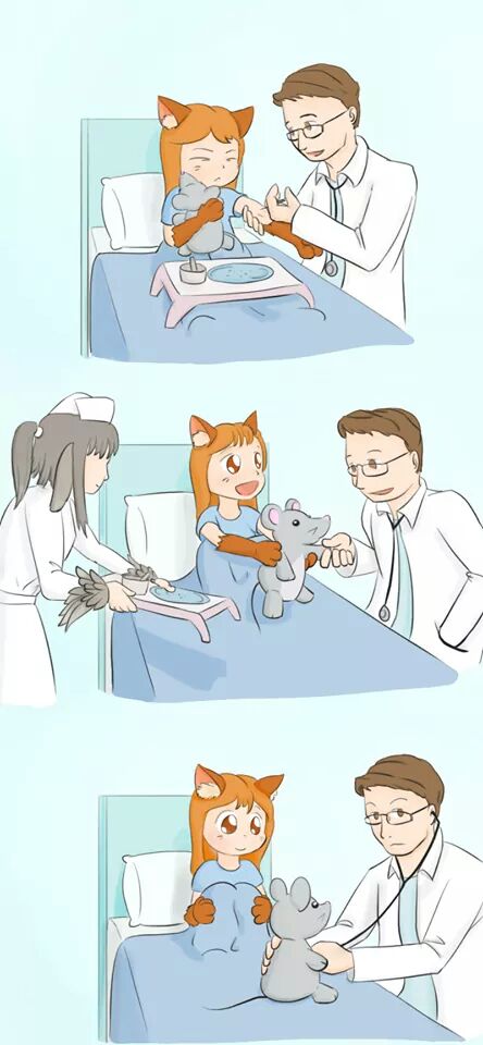 1boy, 2girls, animal_ears, artist_request, bangs, bed, black_hair, blue_background