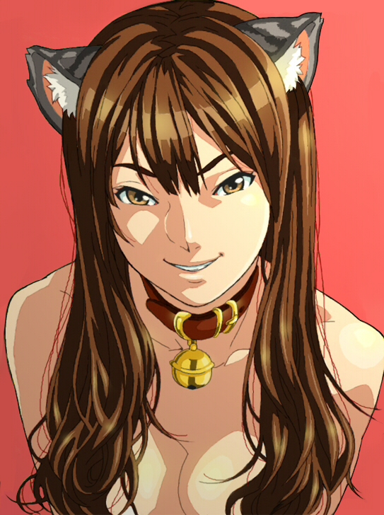 bare_shoulders, bell, bell_collar, breasts, brown_eyes, brown_hair, cat_bell, cat_bells