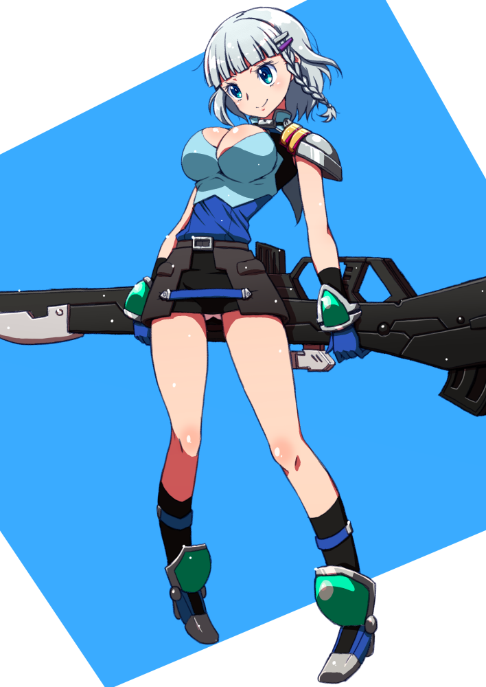 1girl, blue_eyes, blush, braid, breasts, cleavage, gloves, gun