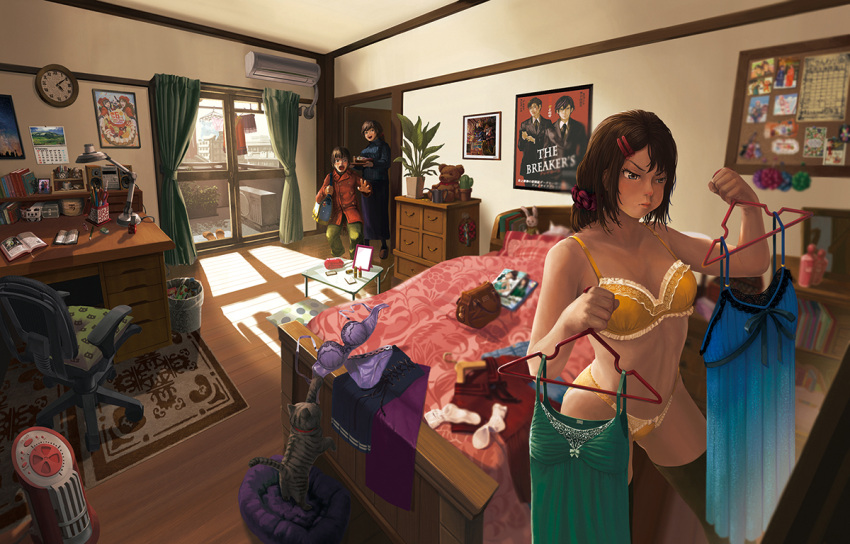 1boy, 2girls, :d, air_conditioner, animal, bag, bed, black_legwear