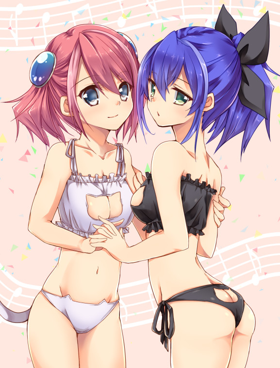 2girls, bare_shoulders, blue_eyes, blue_hair, bow, breast_hold, breasts, cat_lingerie