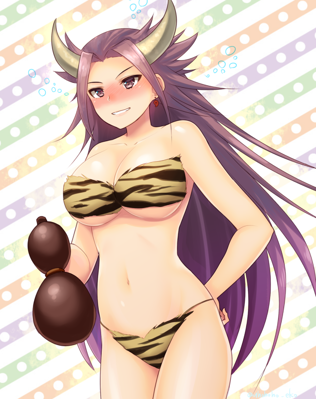 1girl, bikini, blush, breasts, earrings, eko, gourd, grin