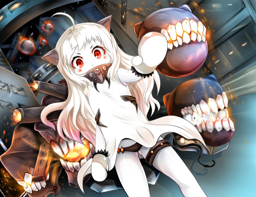 1girl, ahoge, blush_stickers, covered_mouth, dress, enemy_aircraft_(kantai_collection), highres, horns