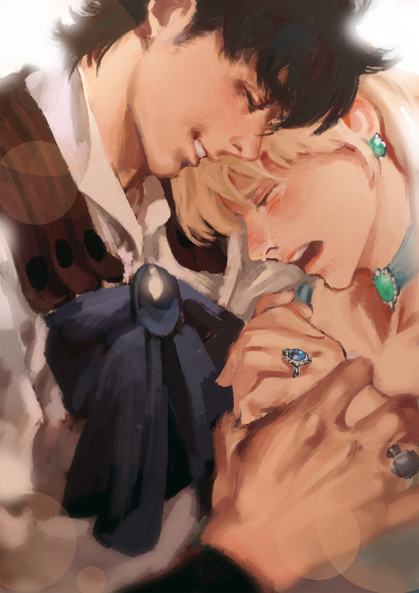 1boy, 1girl, black_hair, blonde_hair, choker, closed_eyes, crying, earrings
