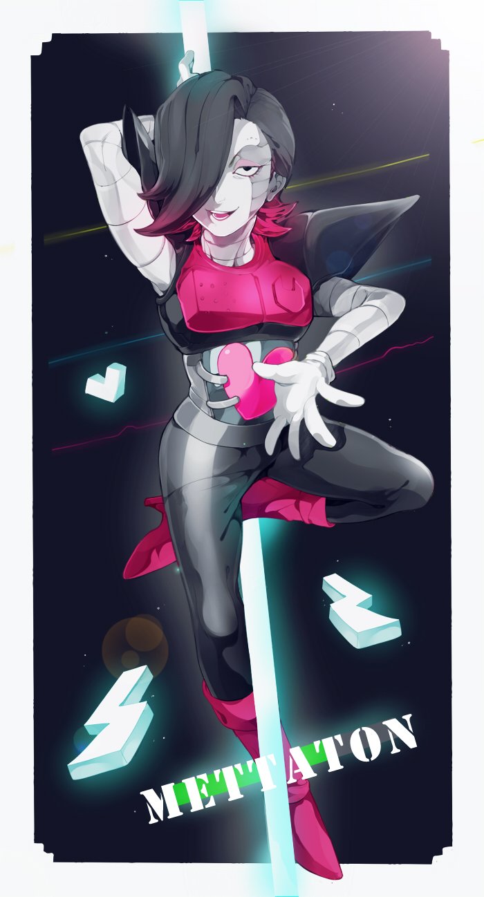 1boy, arm_behind_head, boots, character_name, gloves, hair_over_one_eye, heart, highres, lightning_bolt, looking_at_viewer, mettaton, mettaton_ex, pole, reticulum, robot, short_hair, smile, solid_eyes, undertale, white_gloves
