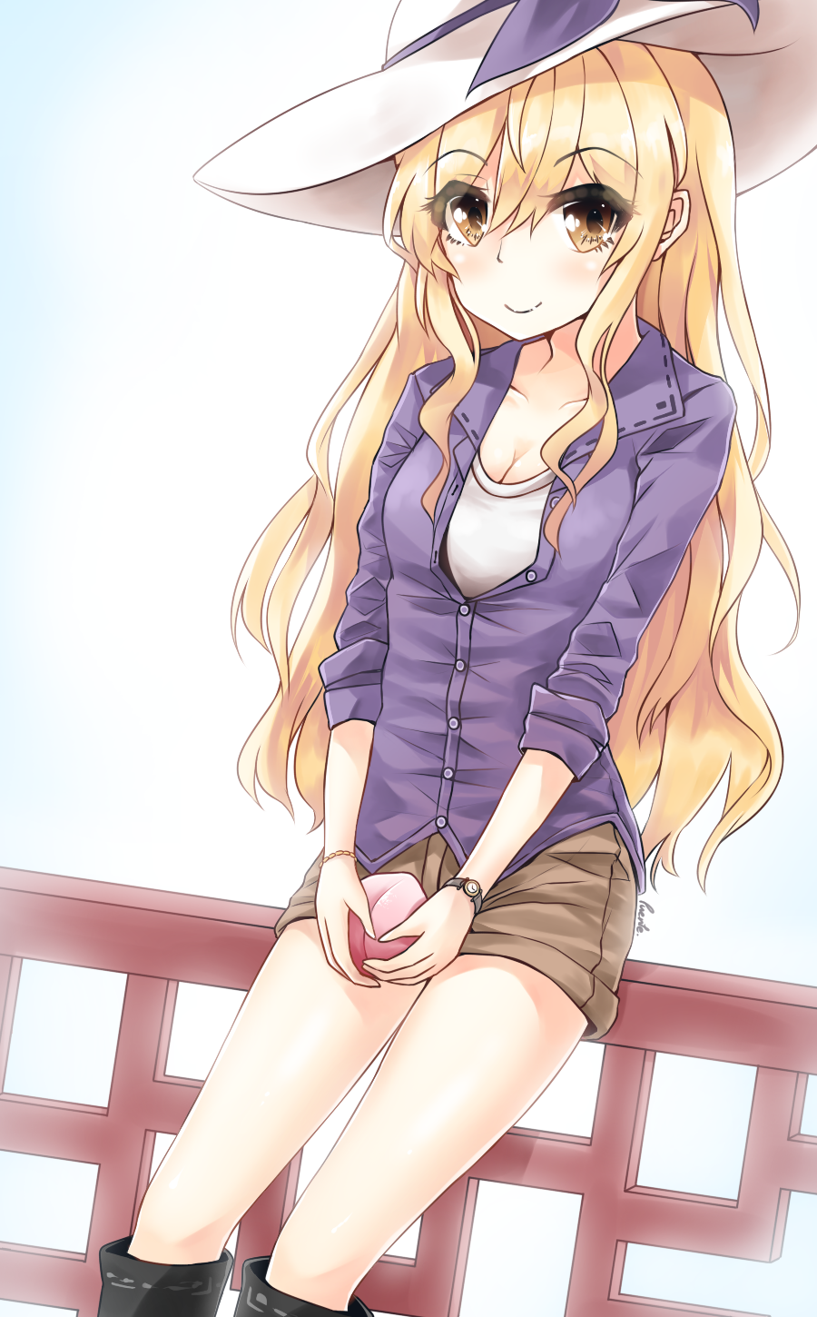 1girl, alternate_costume, blonde_hair, bow, contemporary, food, fruit, fuente