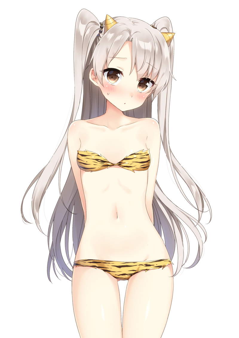 1girl, amatsukaze_(kantai_collection), arms_behind_back, bikini, blush, brown_eyes, horns, kantai_collection
