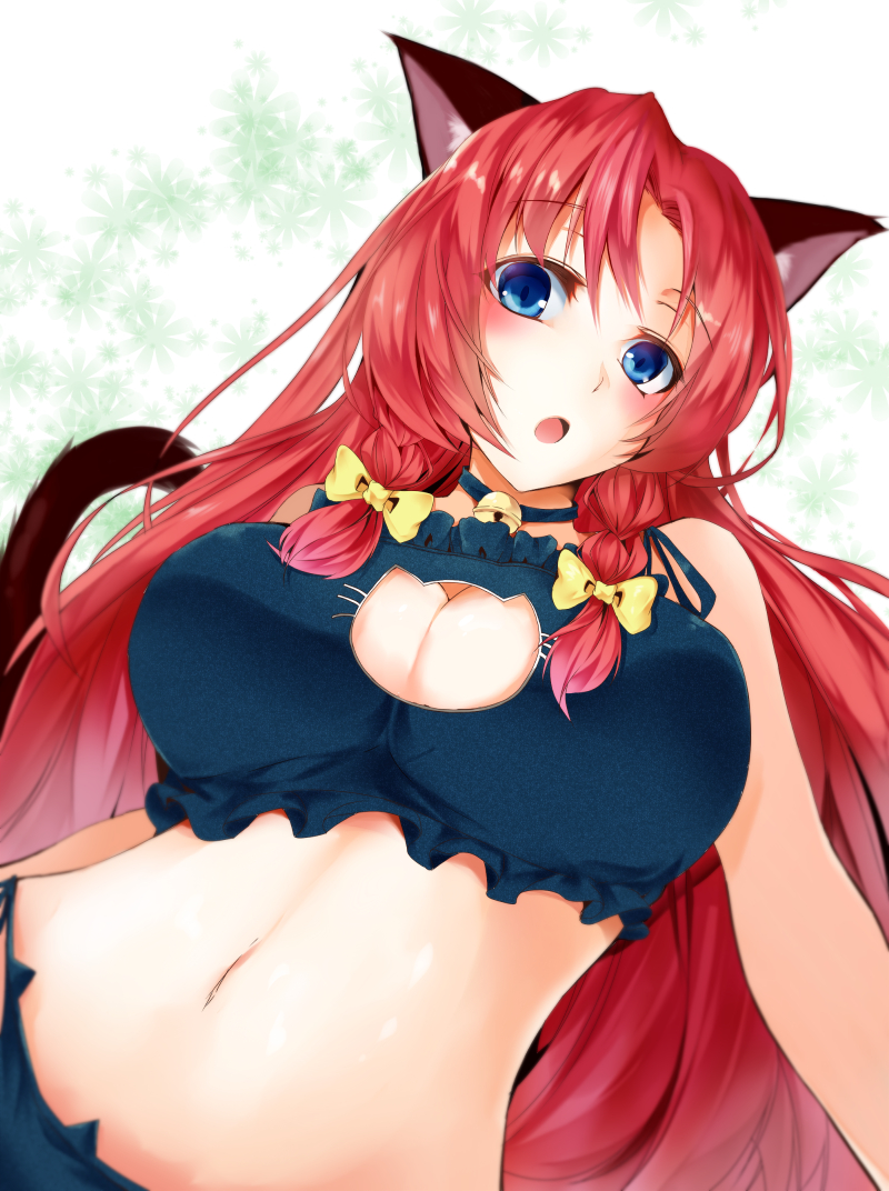 1girl, animal_ears, bed_sheet, blue_eyes, blush, braid, breasts, cat_cutout