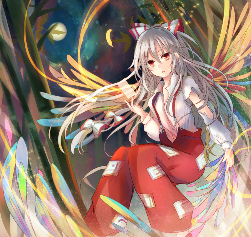 1girl, bamboo, bamboo_forest, bow, forest, fujiwara_no_mokou, full_moon, hair_bow
