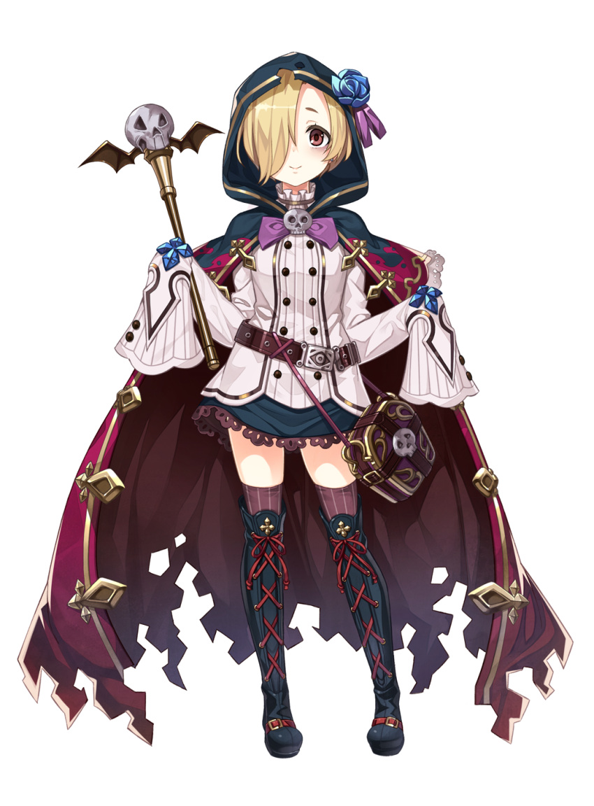 1girl, bags_under_eyes, bat_wings, blonde_hair, boots, brown_eyes, cape, flower