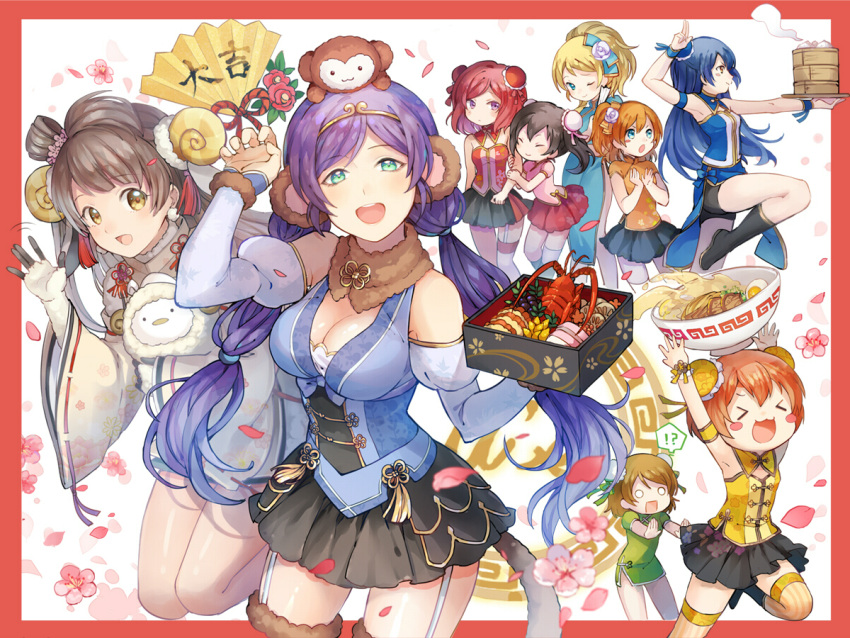 6+girls, animal_costume, ayase_eli, black_hair, blonde_hair, bow, breasts, brown_hair