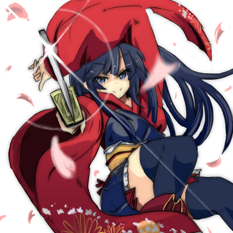 1girl, aiming_at_viewer, arm_up, black_hair, black_legwear, blue_eyes, glint, katana